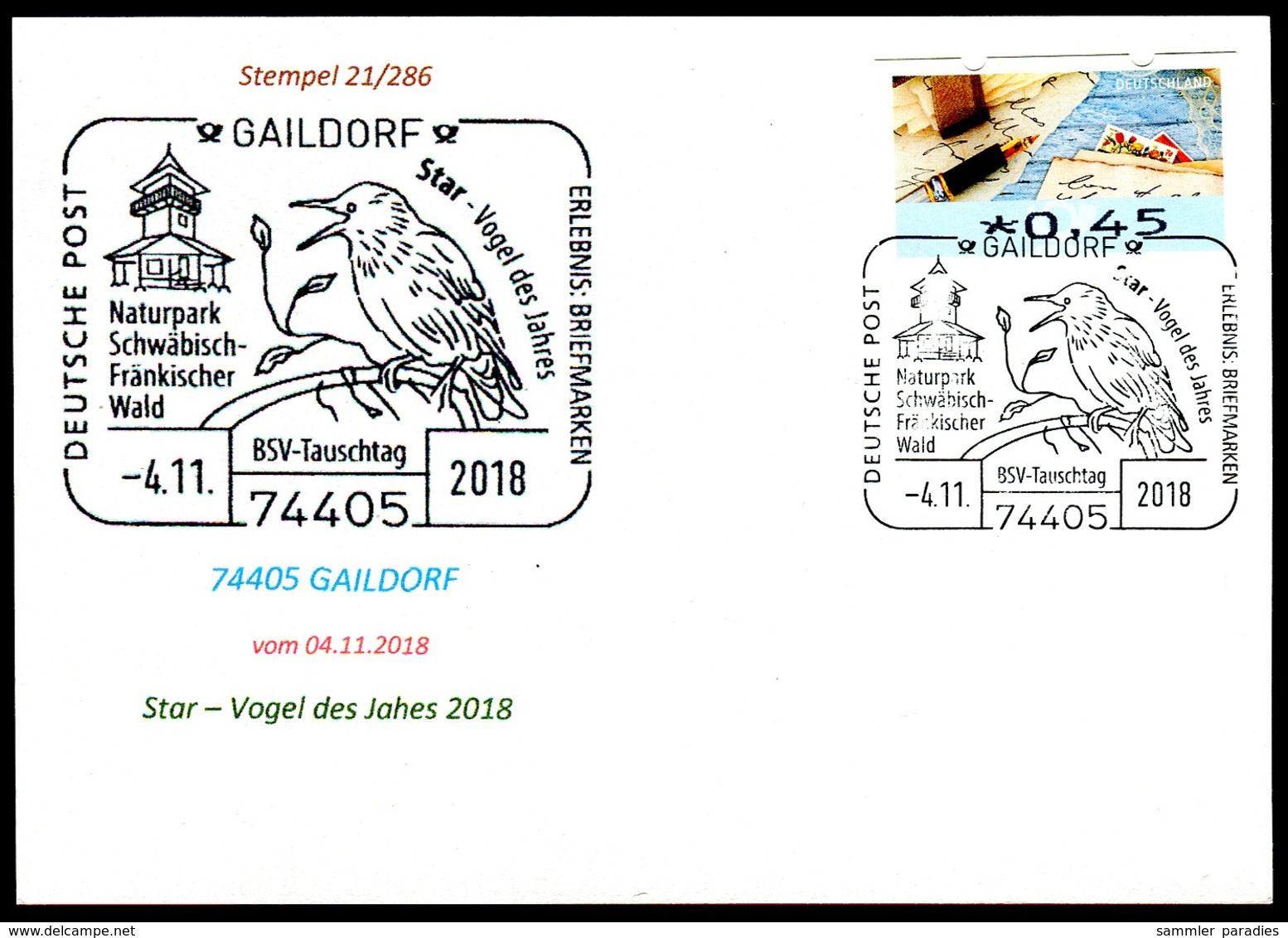 97570) BRD - Karte - SoST 74405 GAILDORF Vom 04.11.2018 - Star - Vogel Des Jahres, Naturpark - Maschinenstempel (EMA)