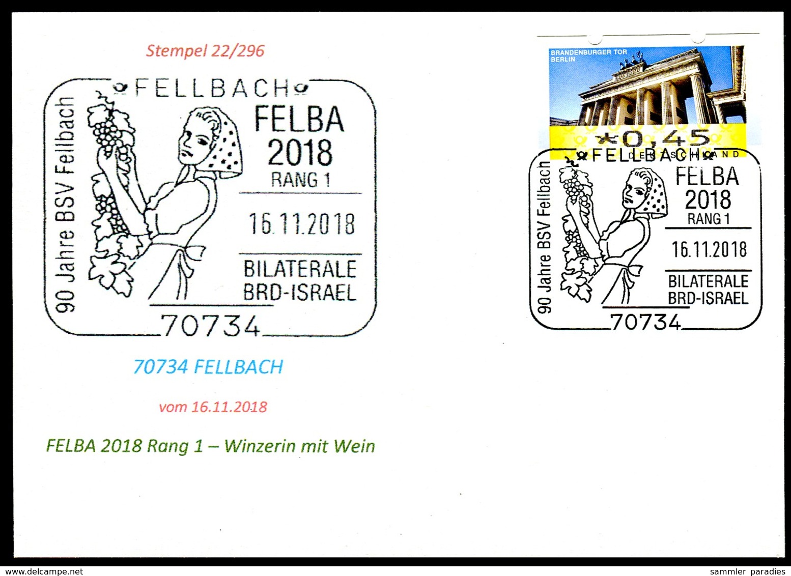 97576) BRD - Karte - SoST 70734 FELLBACH Vom 16.11.2018 - FELBA 2018 Ausstellung, Winzerin, Weintraube - Maschinenstempel (EMA)