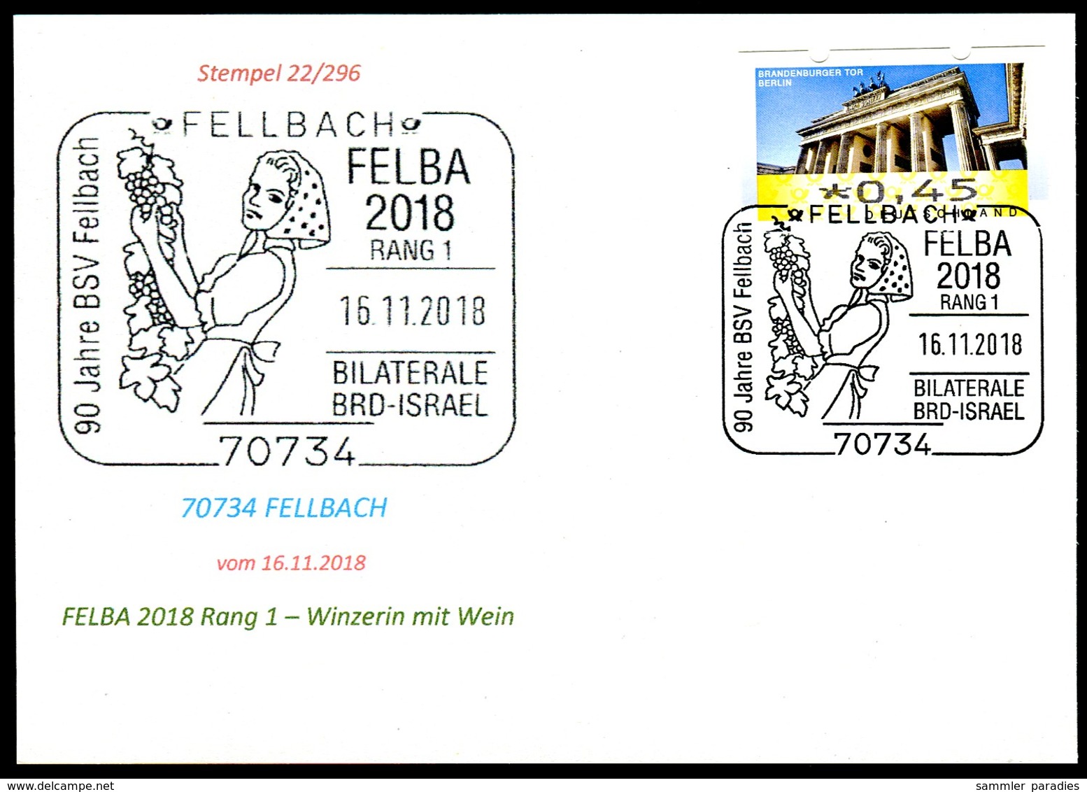 97578) BRD - Karte - SoST 70734 FELLBACH Vom 16.11.2018 - FELBA 2018 Ausstellung, Winzerin, Weintraube - Maschinenstempel (EMA)