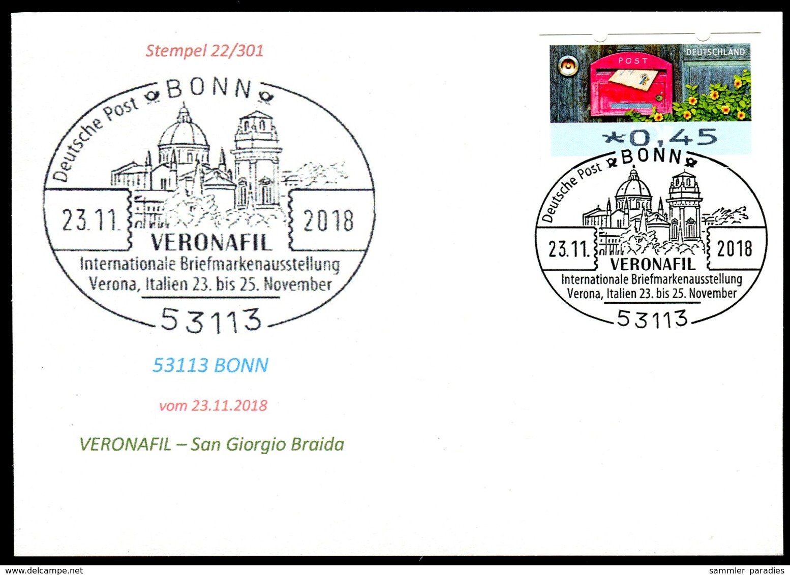 97581) BRD - Karte - SoST 53113 BONN Vom 23.11.2018 - Verona, VERONAFIL Ausstellung, Kirche - Maschinenstempel (EMA)