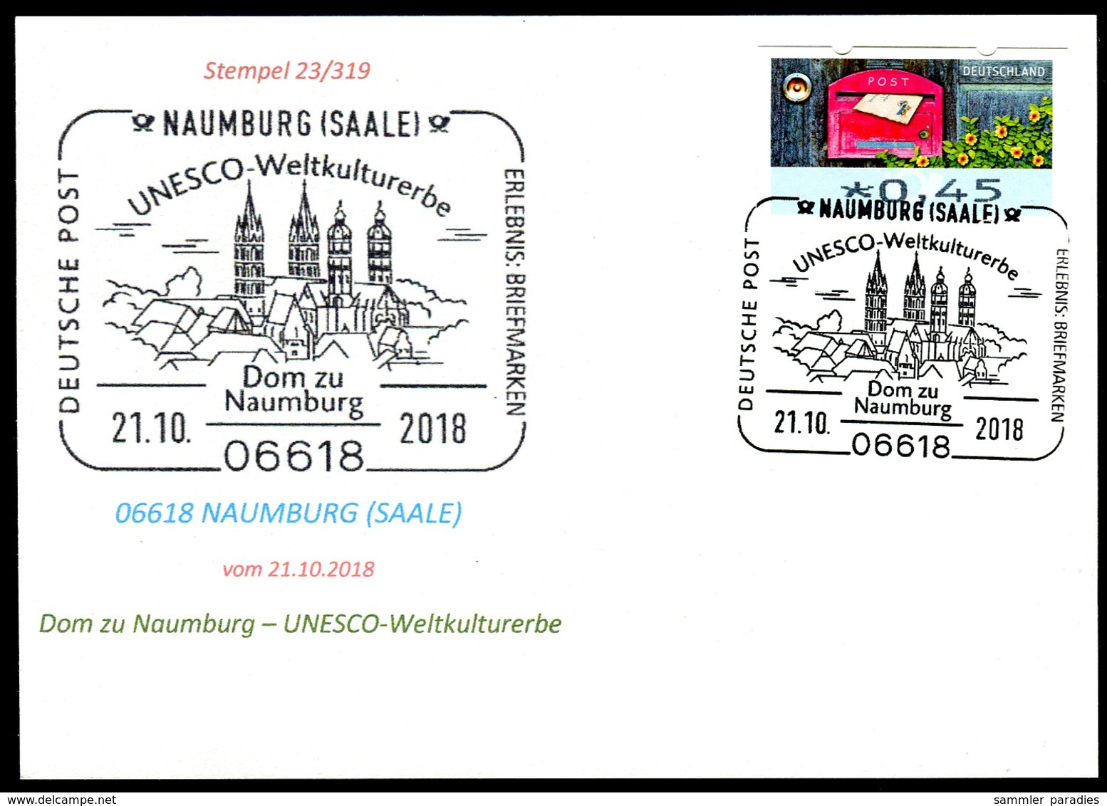 97584) BRD - Karte - SoST 06618 NAUMBURG (SAALE) Vom 21.10.2018 - Dom Zu Naumburg, UNESCO-Weltkulturerbe, Kirche - Maschinenstempel (EMA)