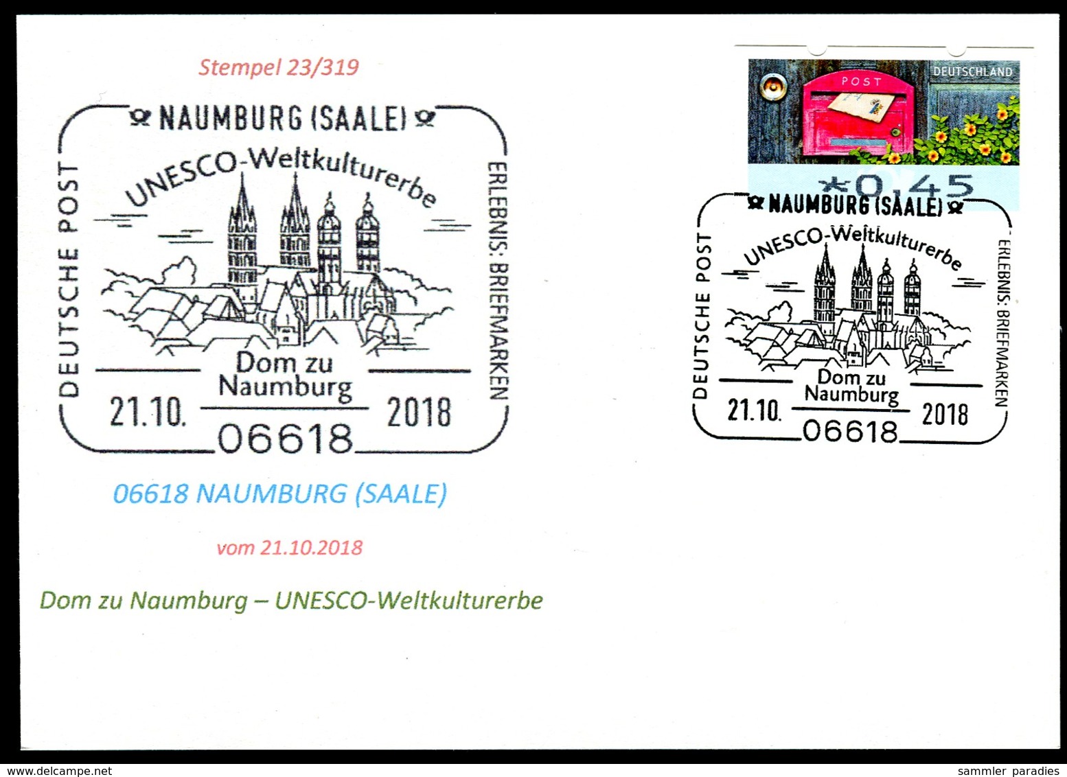 97585) BRD - Karte - SoST 06618 NAUMBURG (SAALE) Vom 21.10.2018 - Dom Zu Naumburg, UNESCO-Weltkulturerbe, Kirche - Maschinenstempel (EMA)
