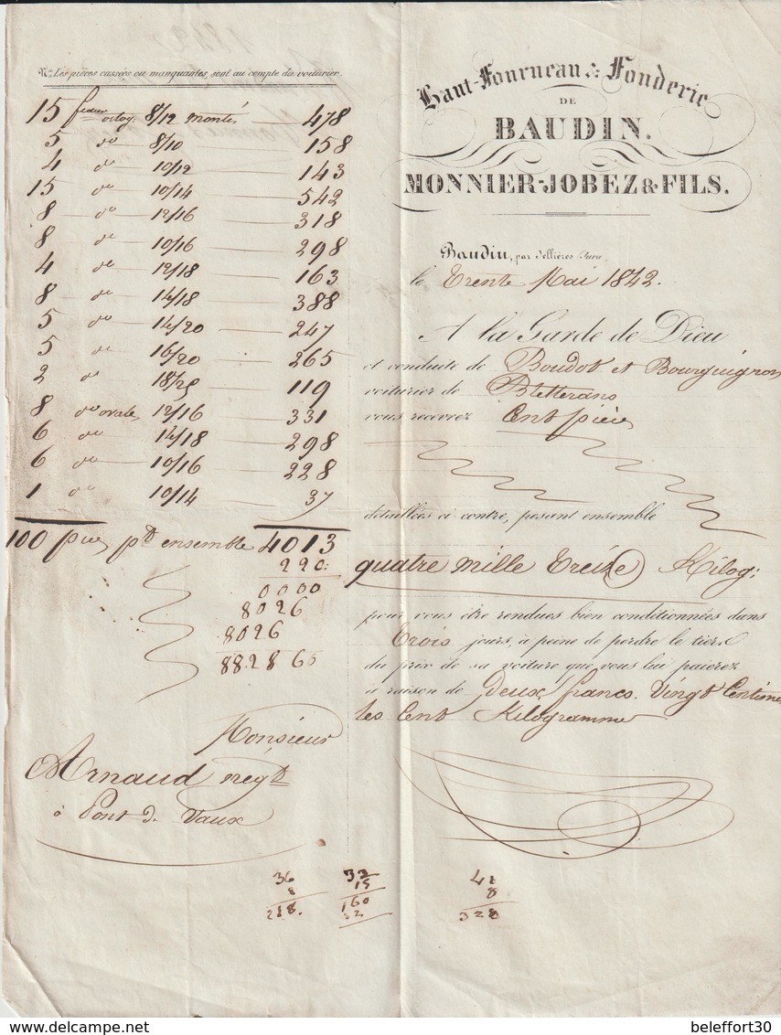 AA89, Jura, Fonderie De Baudin Par Sellières, Lettre De Voiture Monnier Jaubez & Fils 1842 - 1800 – 1899