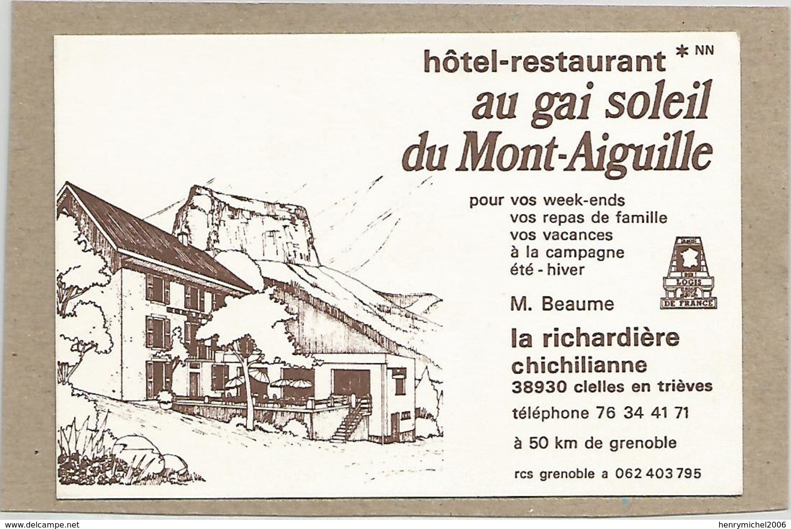 38 Isère - Chichilianne La Richardière Hotel Restaurant Au Gai Soleil Du Mont Aiguille Carte De Visite Cdv - Cartes De Visite