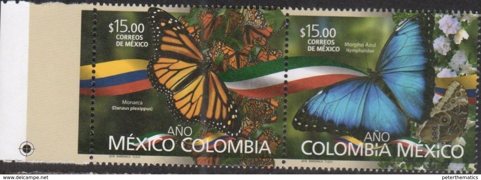 MEXICO, 2018, MNH, MEXICO COLOMBIA YEAR, BUTTERFLIES, JOINT ISSUE, 2v - Vlinders