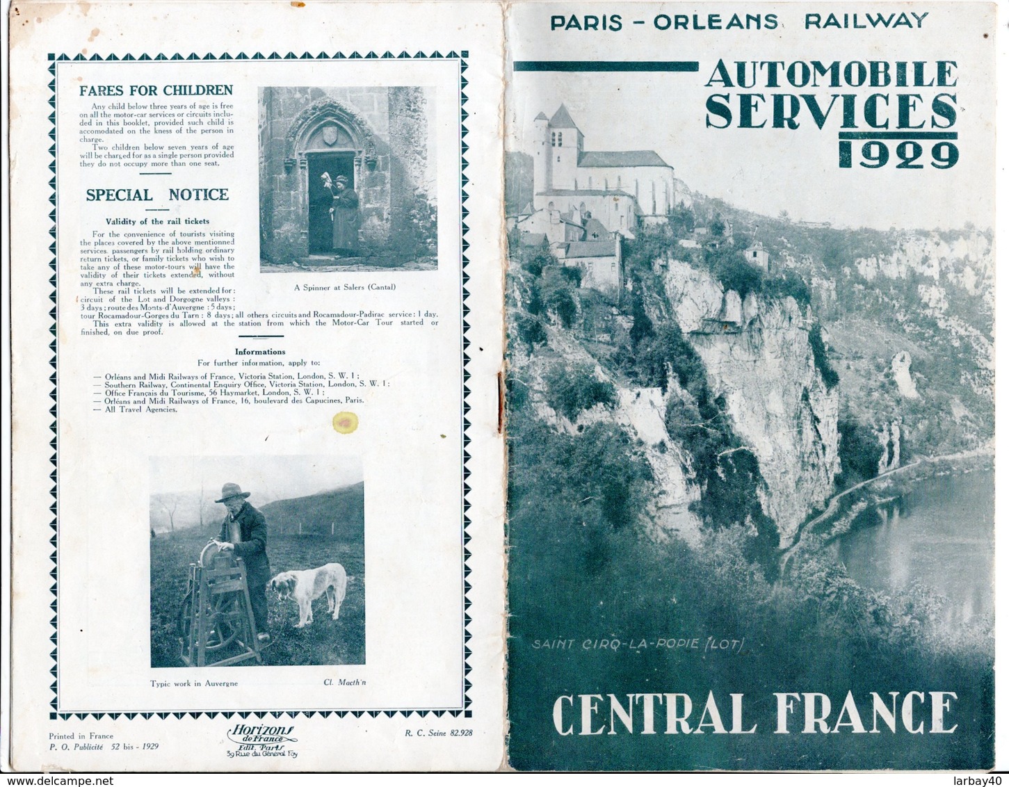 1929 Paris Orleans Railway Automobile Services Central France - Dépliants Touristiques