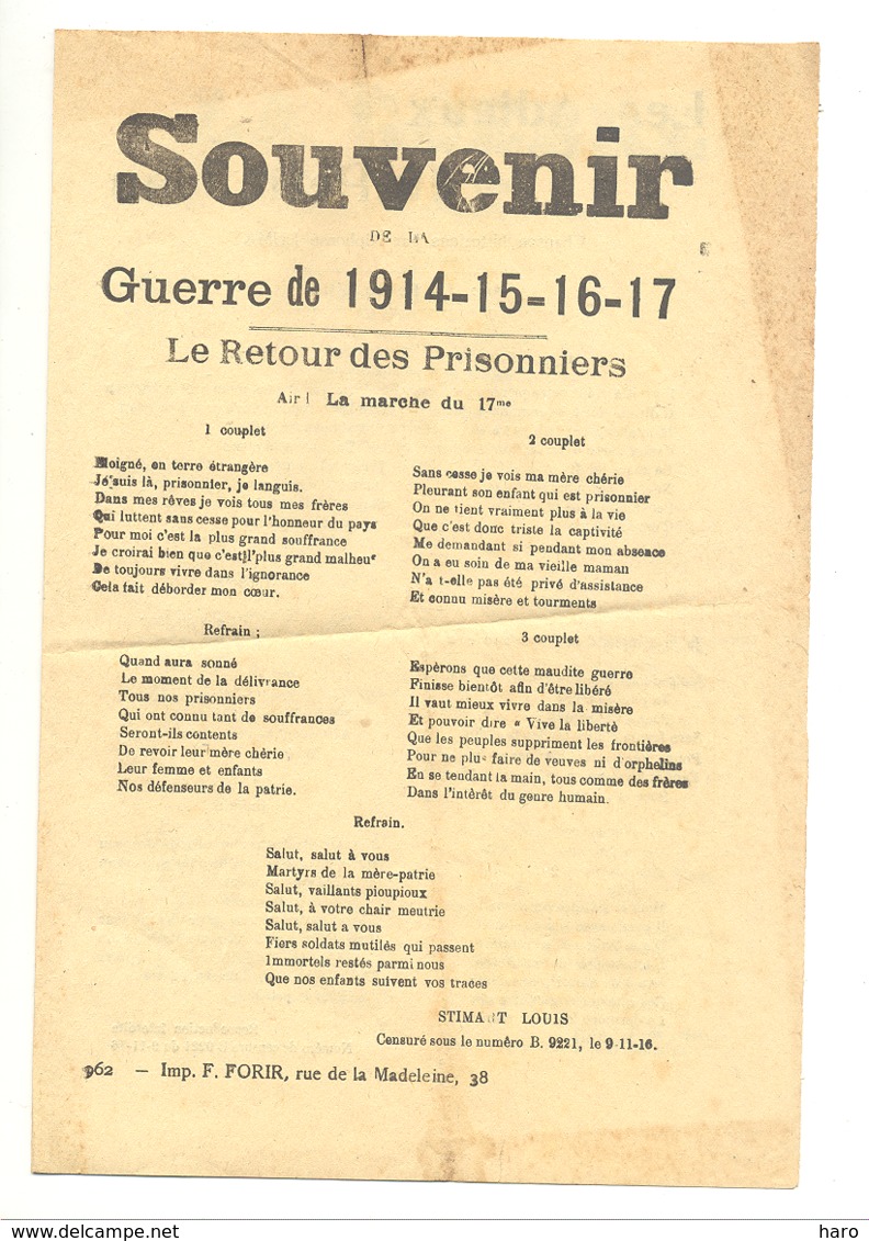 Chansons Censurées En 1916 " Souvenir De La Guerre 1914 - 15 - 16 - 17 " - Détails Voir Descriptif (b241) - 1914-18