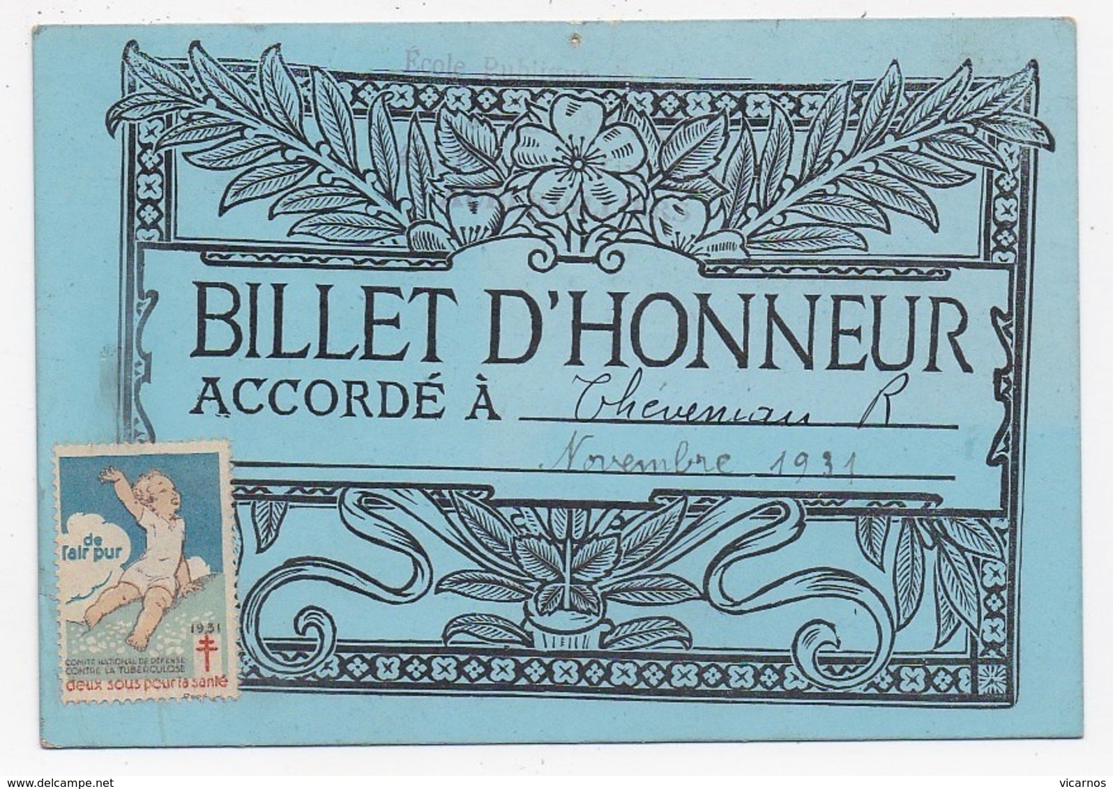 BILLET D'HONNEUR AUBERVILLIERS 93 Ecole Jean Macé Eleve Theveniau - Diplômes & Bulletins Scolaires