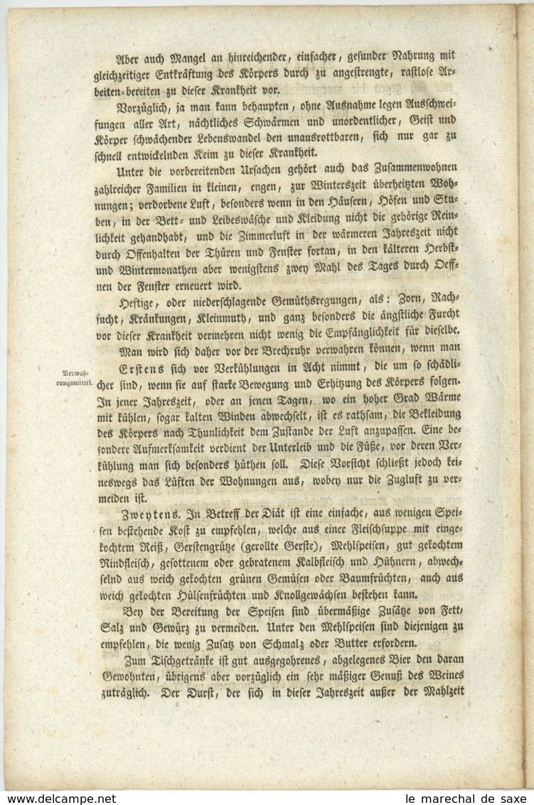 CHOLERA 1831 - Anleitung Wie Sich Gegen Die Morgenländische Brechruhr Zu Verwahren ... 6 Pp. In-fol. - Documenti Storici