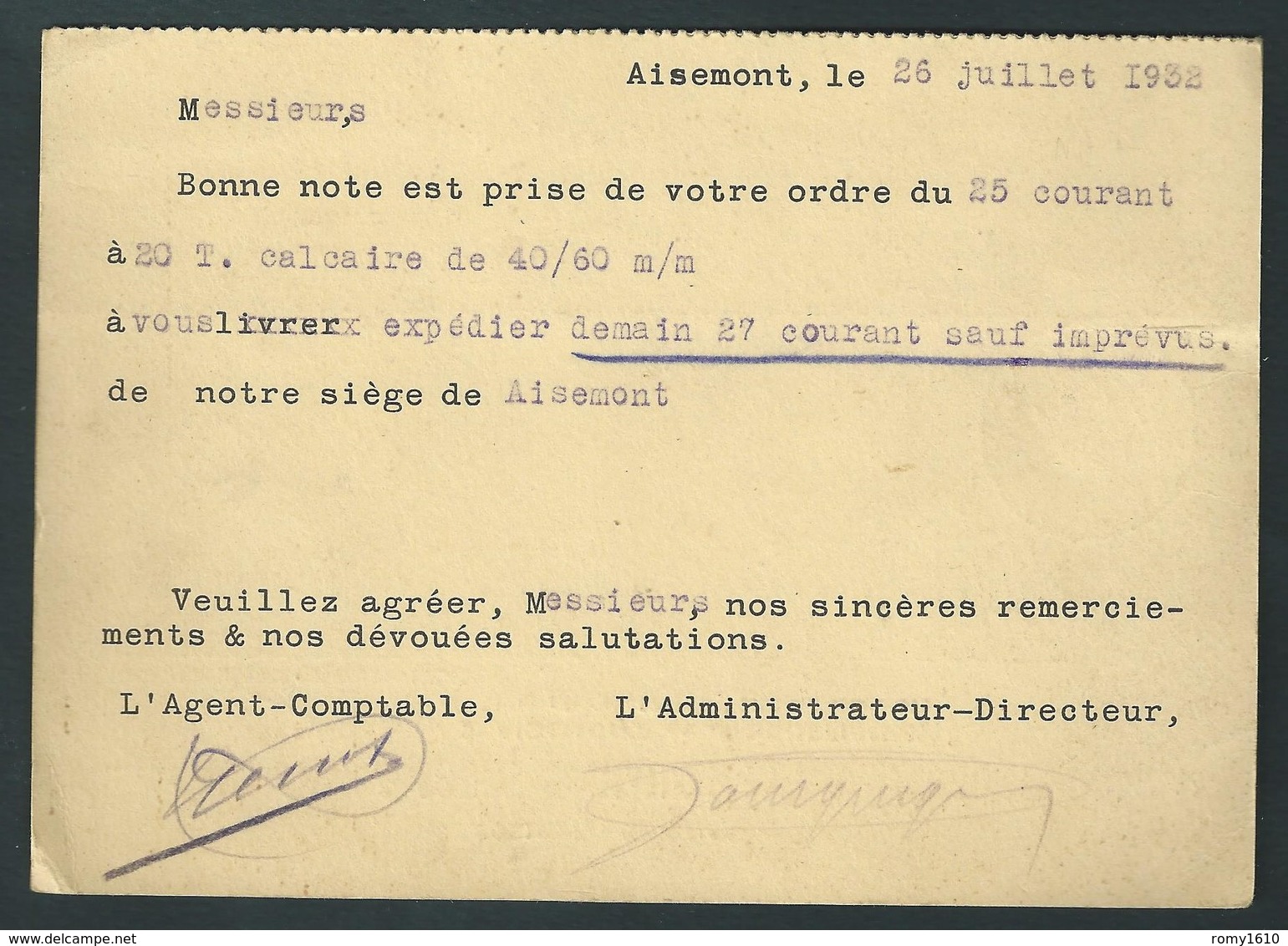 Carrières & Fours à Chaux De Et à AISEMONT Archives De Charbonnages. 1932 - 2 Scans. - Fosses-la-Ville