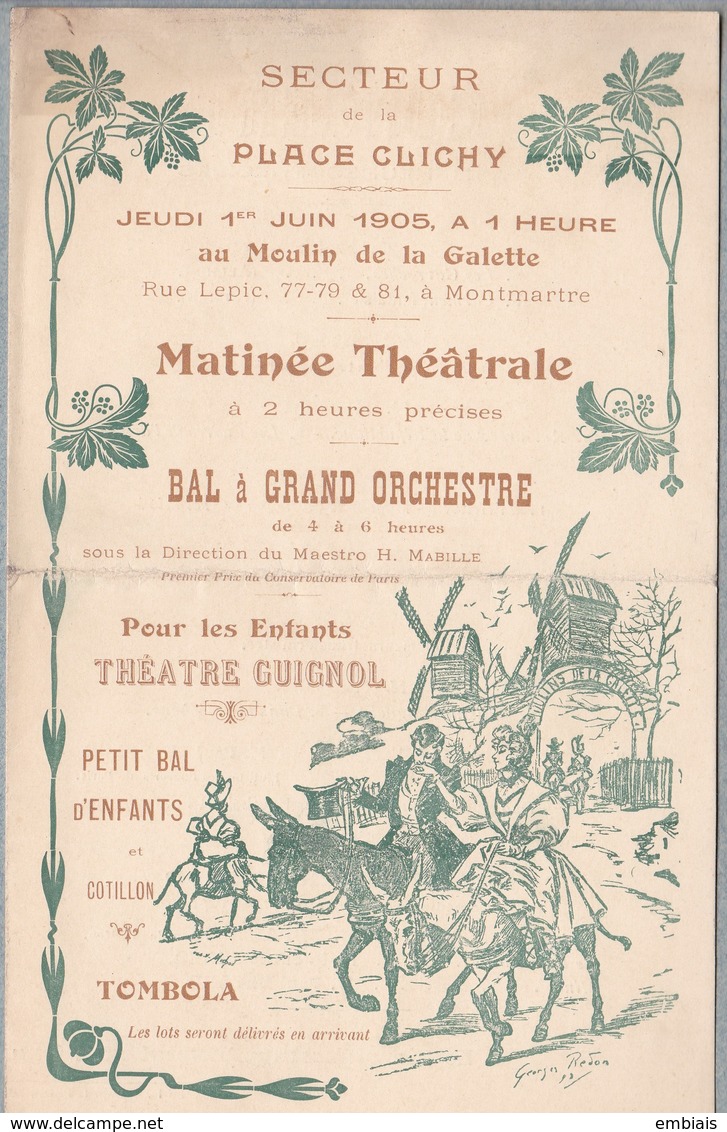 Place Clichy Paris- Au Moulin De La Galette, Matinée Théâtrale,Bal Orchestre,Théâtre Guignol - Jeudi 1er Juin 1905 - Programmes