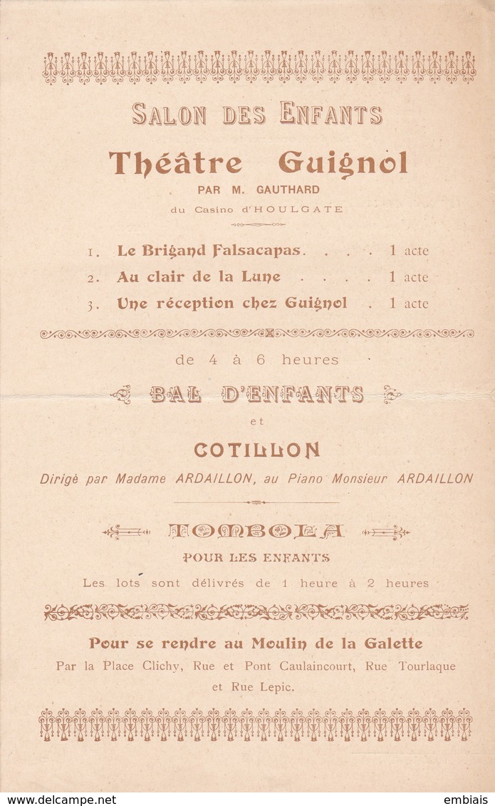 Place Clichy Paris- Au Moulin De La Galette, Matinée Théâtrale,Bal Orchestre,Théâtre Guignol - Jeudi 1er Juin 1905 - Programmes