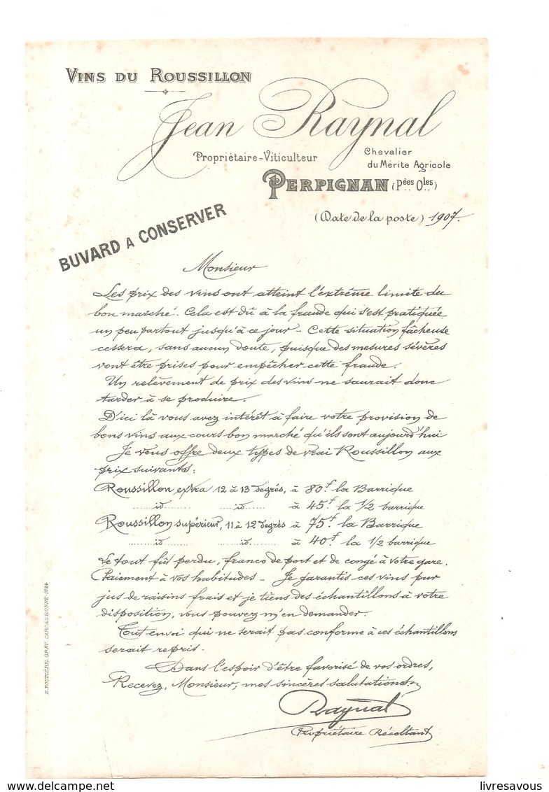 Buvard VINS DU ROUSSILLON Jean Raynal Propriétaire Viticulteur à Perpignan De 1907 - V