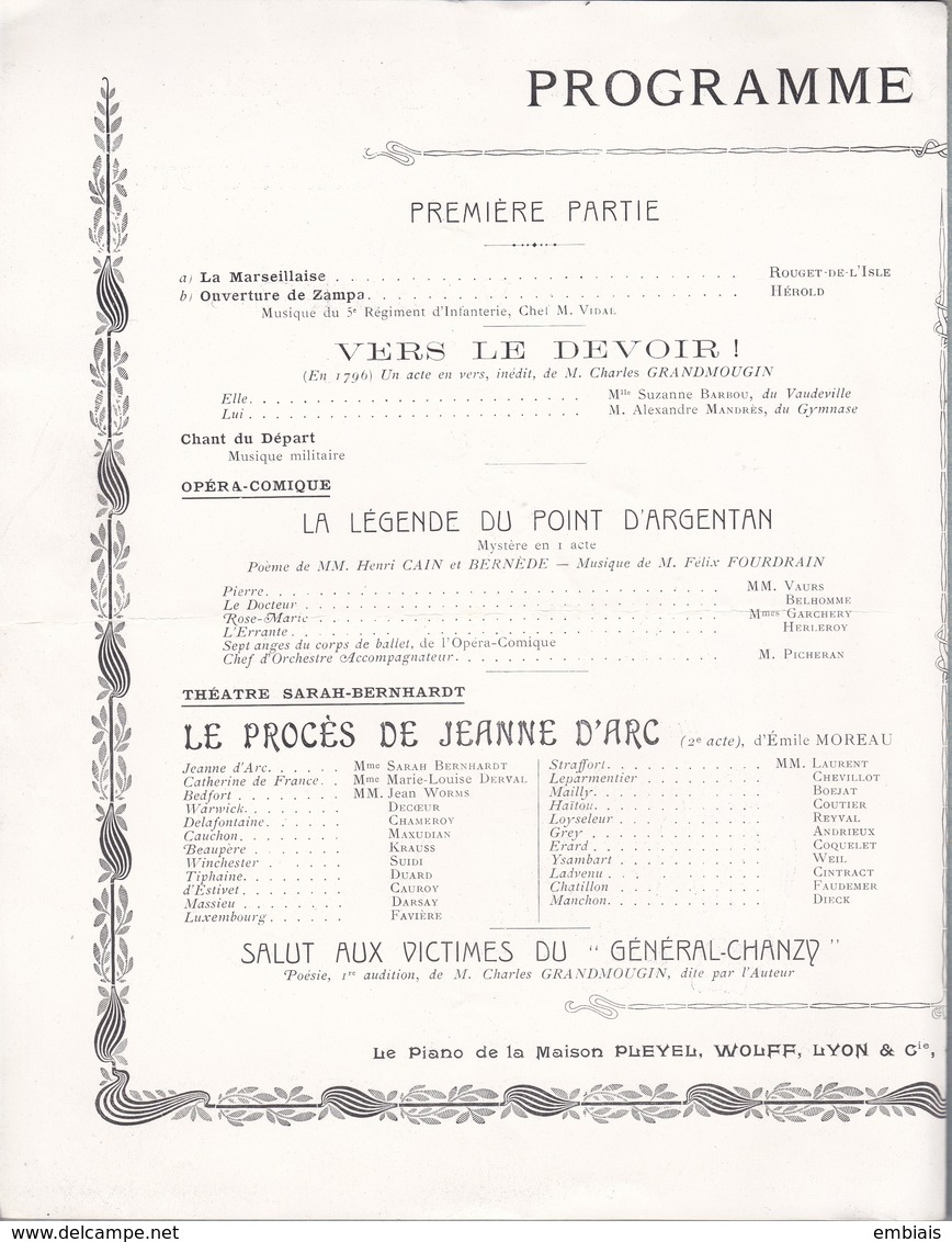 Théâtre SARAH BERNHARDT Souvenir Français Programme Matinée 16 Mars 1910 Illustration JOB.Enfant Au Tambour Guerre 1870. - Programmi