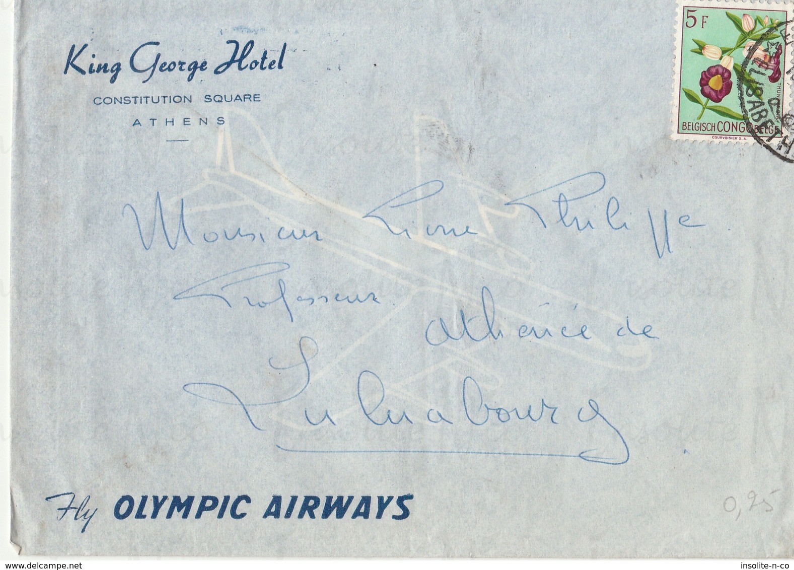 Courrier En Provenance Du King George Hotel D'Athènes Publicité Fly Olympic Airways Pour Elisabethville Congo Belge 1958 - Storia Postale