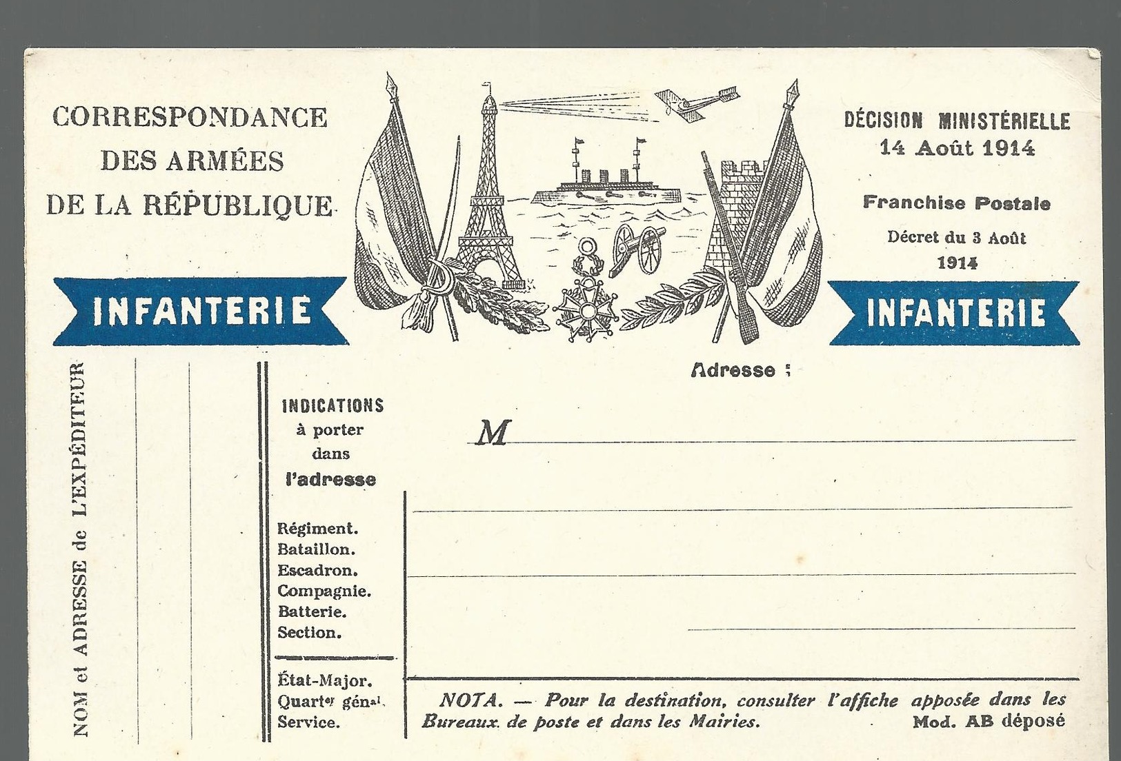 CARTE FRANCHISE MILITAIRE - 14/18 - INFANTERIE -  ILLUSTREE - NON ECRITE - TTBE - Lettres & Documents