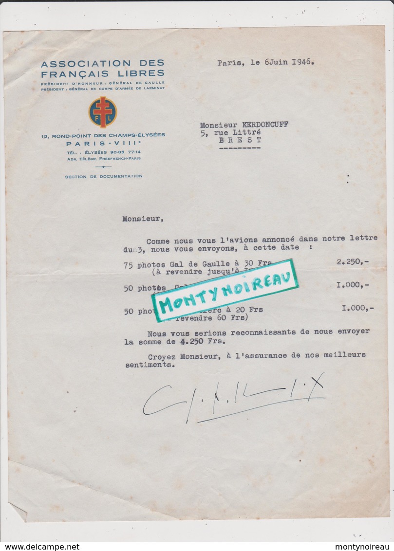 Vieux  Papier : Finistère ; BREST - PARIS :  Ass. Des Français  Libres 1946 - Unclassified