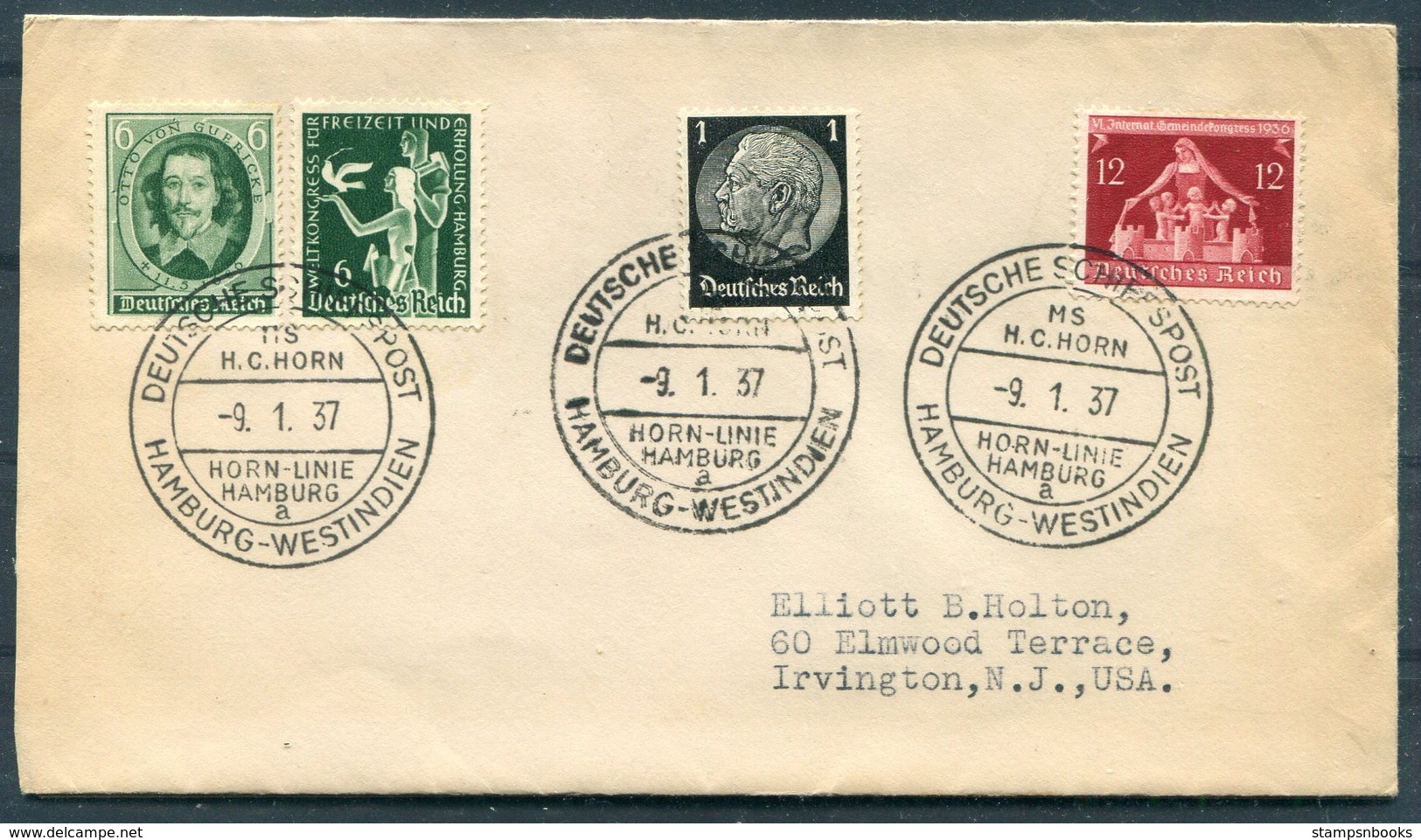 1937 Germany Deutsche Seepost Schiffspost Hamburg-Westindien, Hamburg Horn Linie MS H.C. HORN Cover + Letter - Briefe U. Dokumente