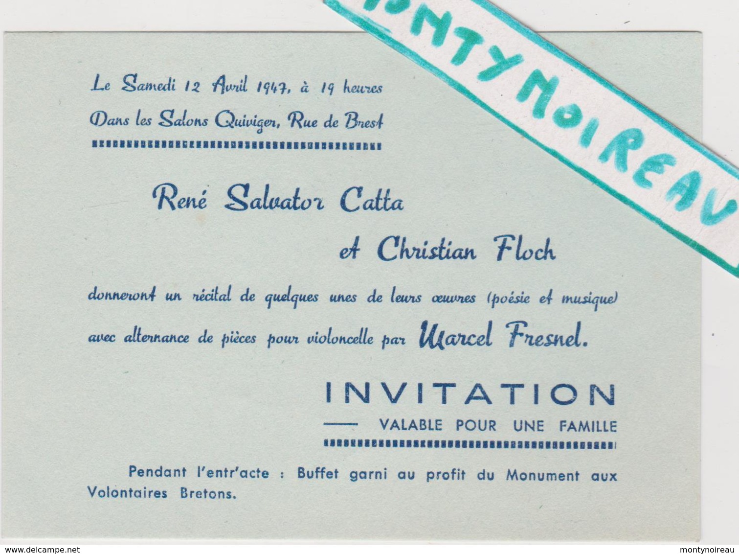 Vieux  Papier :   ; Brest , Finistère : Invitation Musique  Bal 1947 Violon Marcel  Fresnel  , Catta  Floch - Mariage