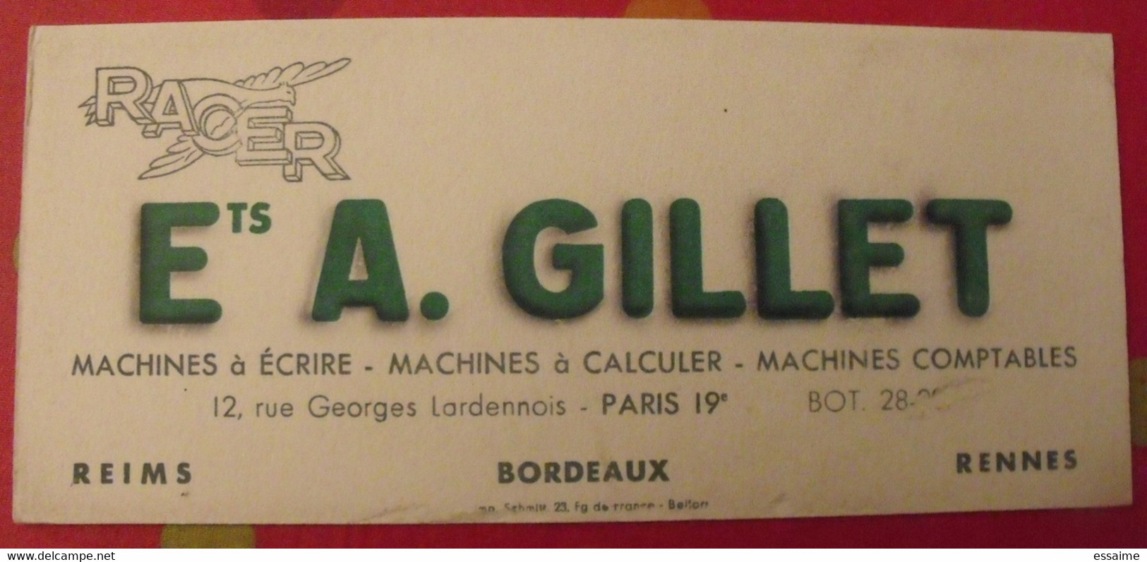 Buvard A. Gillet Racer Machines à écrire, à Clculer, Comptables. Reims Bordeaux Rennes - Cartoleria