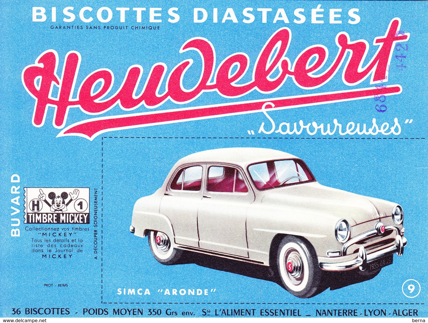 BUVARD LOT 2 BUVARDS BISCOTTES HEUDEBERT AVEC TIMBRE MICKEY - SIMCA ARONDE ET VEDETTE VERSAILLES - Biscottes