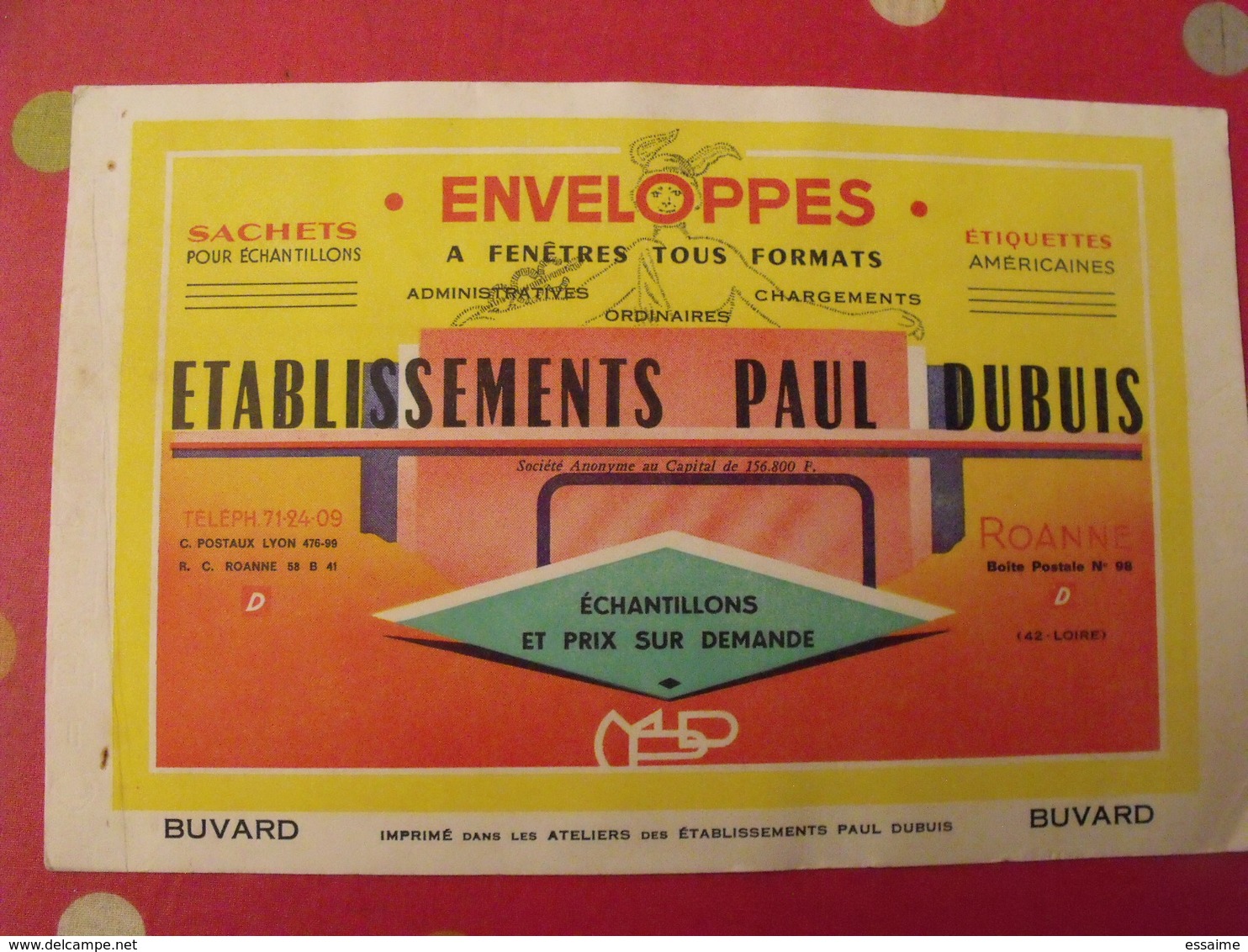 Buvard établissements Paul Dubuis. Enveloppes à Fnêtres Tous Formats. Roanne. Dos Rose - Papeterie