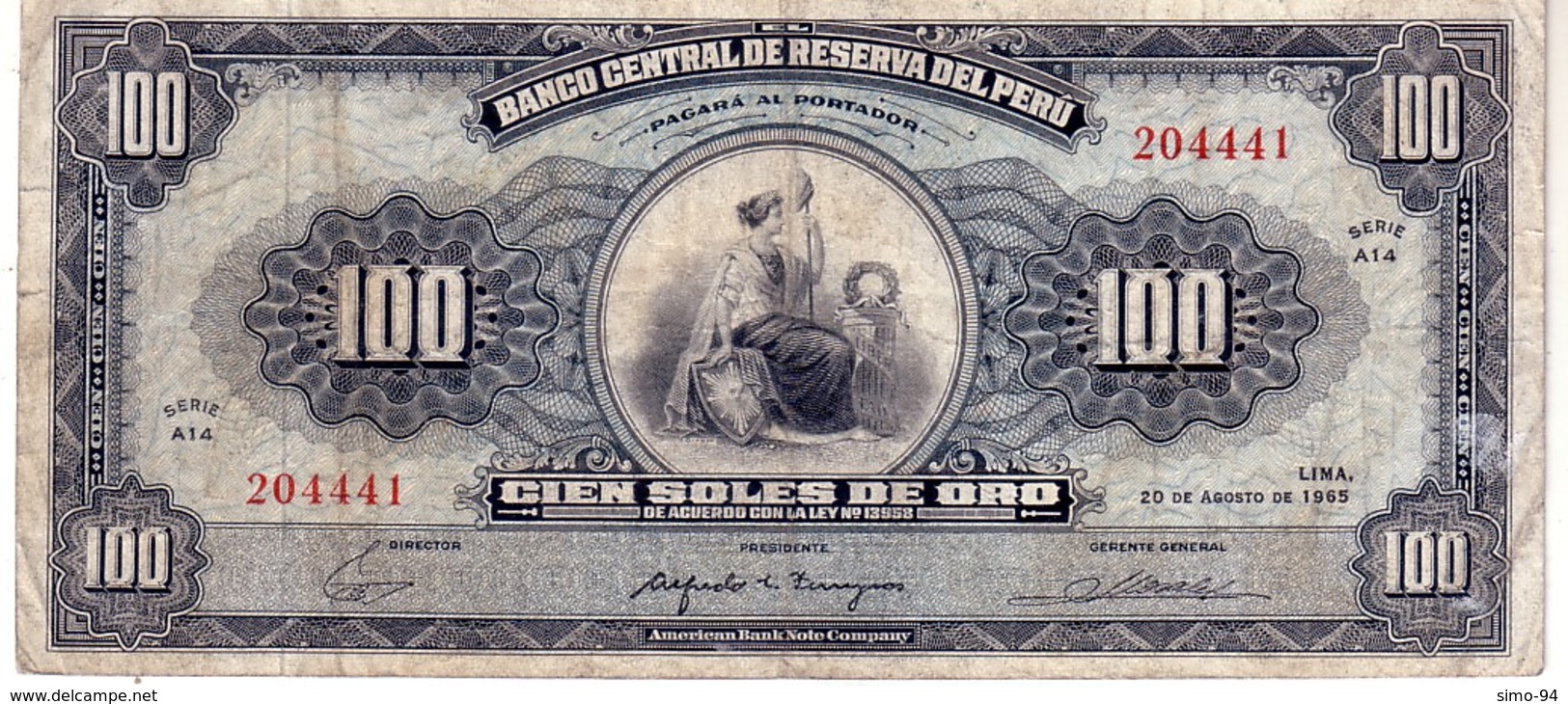 Peru P.90 100 Soles 1965 Vf - Perù