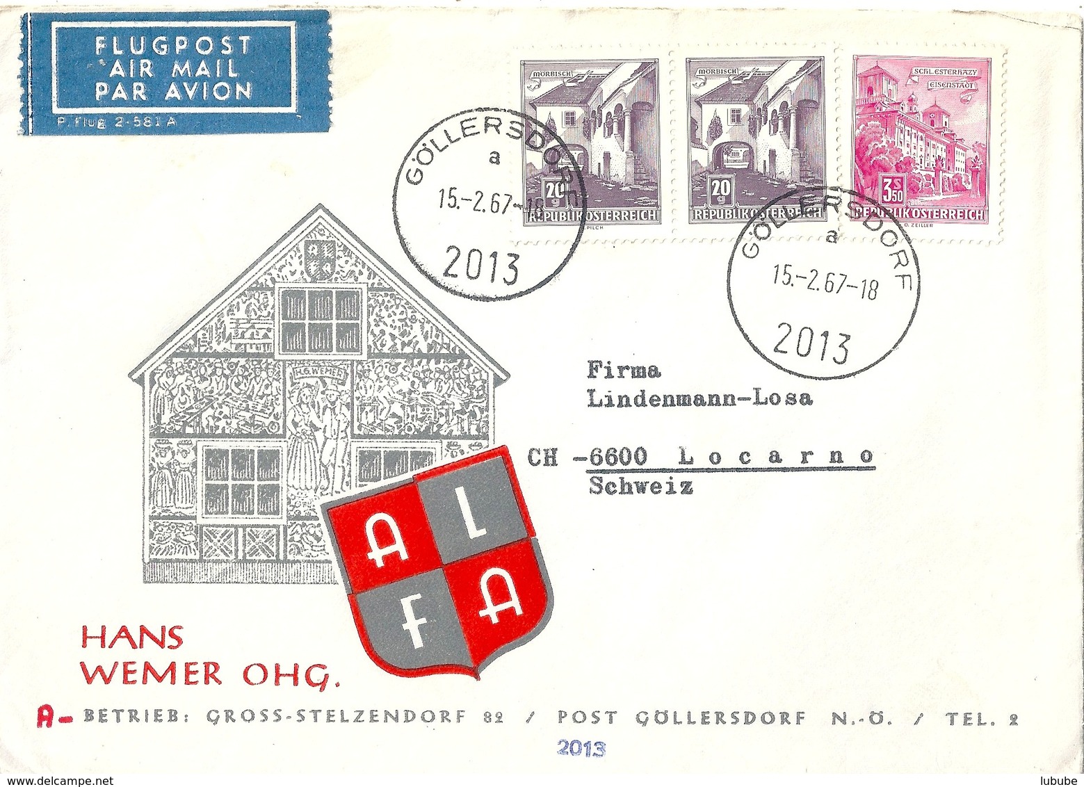 Luftpost Brief  "ALFA Wemer, Göllersdorf" - Locarno         1967 - Storia Postale