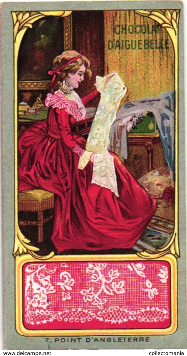 18 Chromo litho trade cards c1900 PUB CHOColat  d'Aiguebelle DENTELLE ( kant, Spitze, lace ) 5,6cm  X 10,5cm,  Very Good