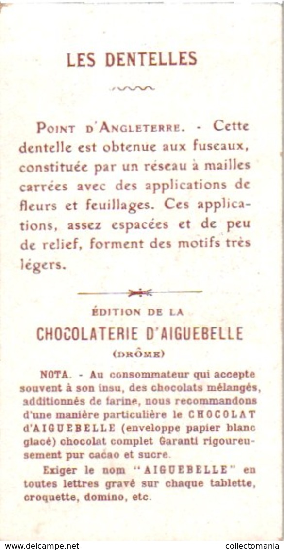 18 Chromo litho trade cards c1900 PUB CHOColat  d'Aiguebelle DENTELLE ( kant, Spitze, lace ) 5,6cm  X 10,5cm,  Very Good