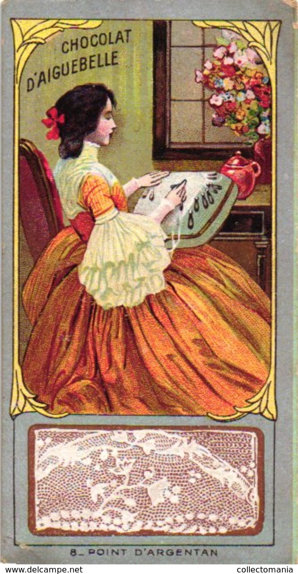 18 Chromo litho trade cards c1900 PUB CHOColat  d'Aiguebelle DENTELLE ( kant, Spitze, lace ) 5,6cm  X 10,5cm,  Very Good