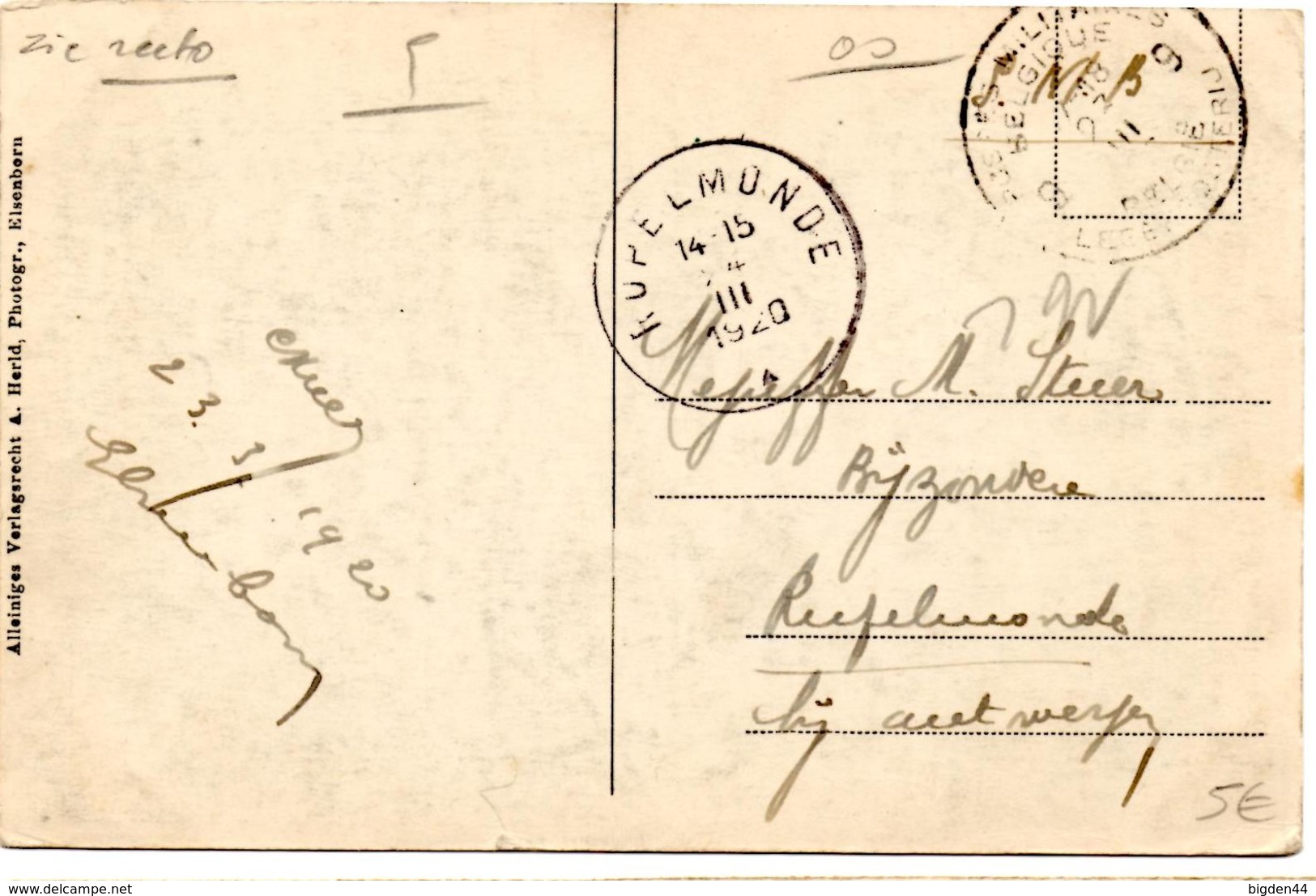 CP De  Elsenborn (24.03.1920) Pour Rupelmonde Postes Militaires SMB - OC38/54 Belgian Occupation In Germany