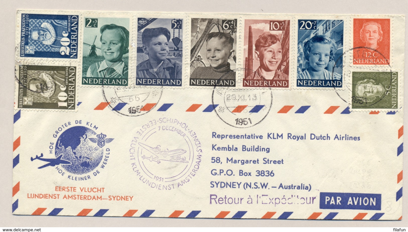 Nederland - 1951 - Kindserie Op First Flight Van Amsterdam Naar Sydney / Australia - Brieven En Documenten