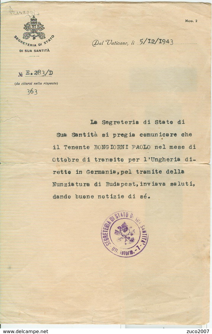 "SEGRETERIA DI STATO DI SUA SANTITA" DAL VATICANO 5/12/1943, INFORMAZIONI SU MILITARE DIRETTO IN GERMANIA,RR, - 1939-45