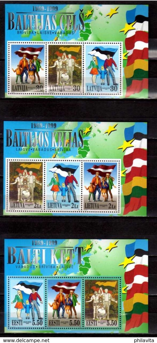 1999 Tenth Anniversary Of The Baltic Chain - Joint Of Lithuania, Latvai And Estonia - All 3 MS - MNH** (bsh) Flags - Gemeinschaftsausgaben