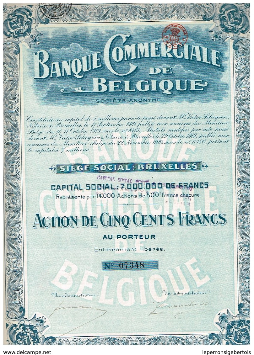 Ancienne Action - Banque Commerciale De Belgique Société Anonyme - Titre De 1919 - N° 07348 - Bank & Insurance