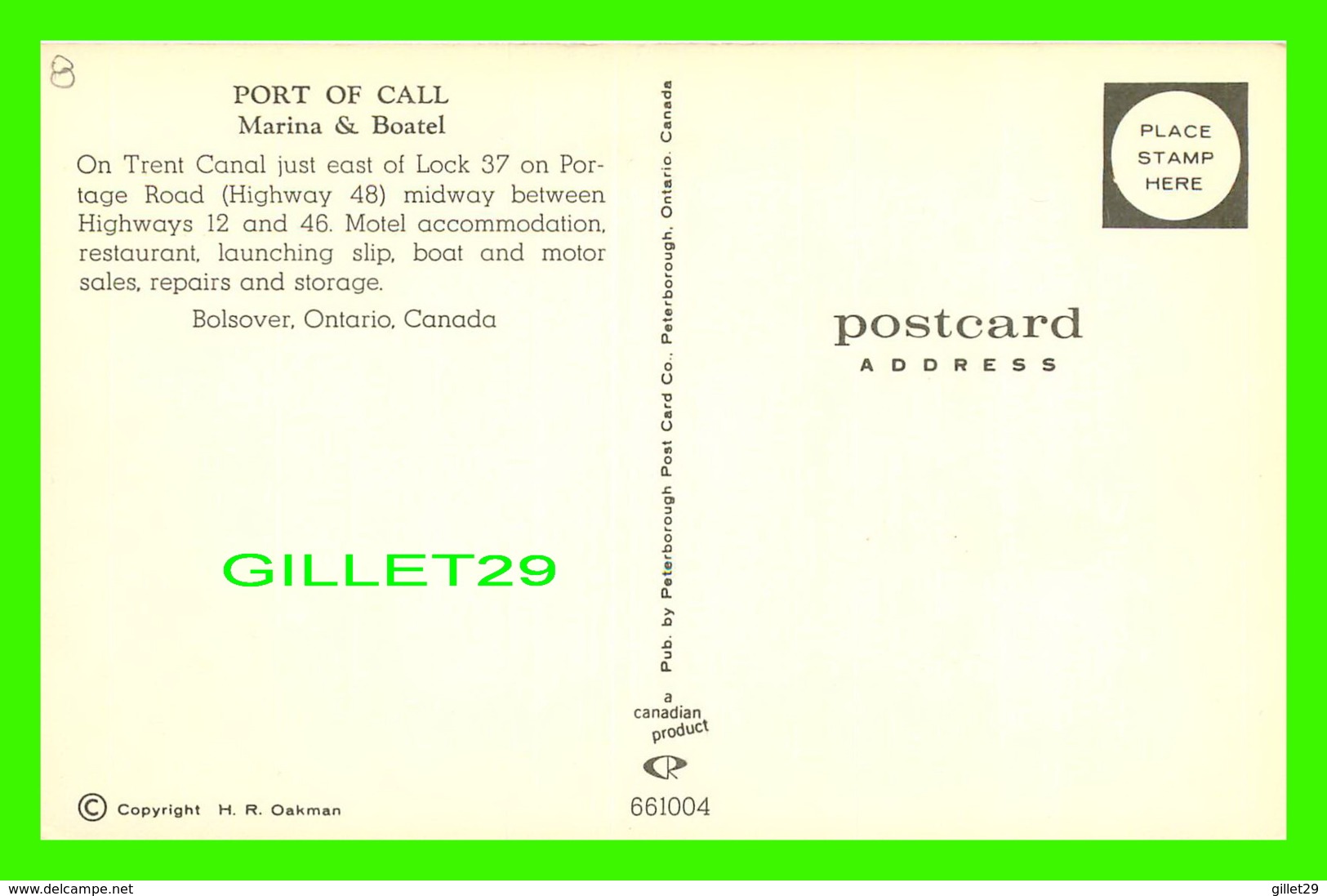 BOLSOVER, ONTARIO - PORT OF CALL, MARINA & BOATEL ON TRENT CANAL - PETERBOROUGH POST CARD CO - - Autres & Non Classés