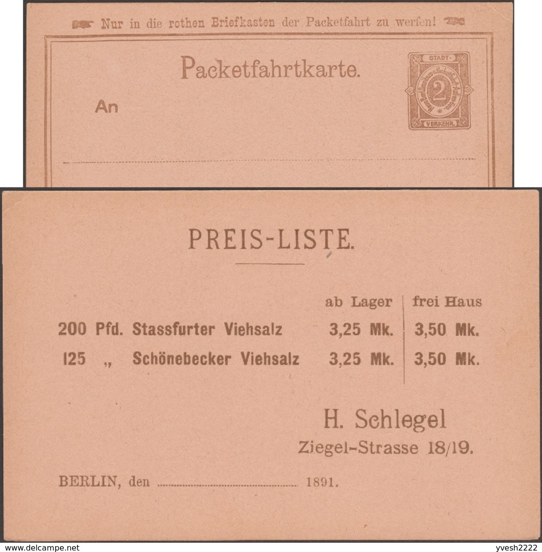 Allemagne 1889. Poste Locale Privée « Packetfahrt». Commande De Sel Pour L'alimentation Du Bétail. Salines. Viehsalz - Agriculture