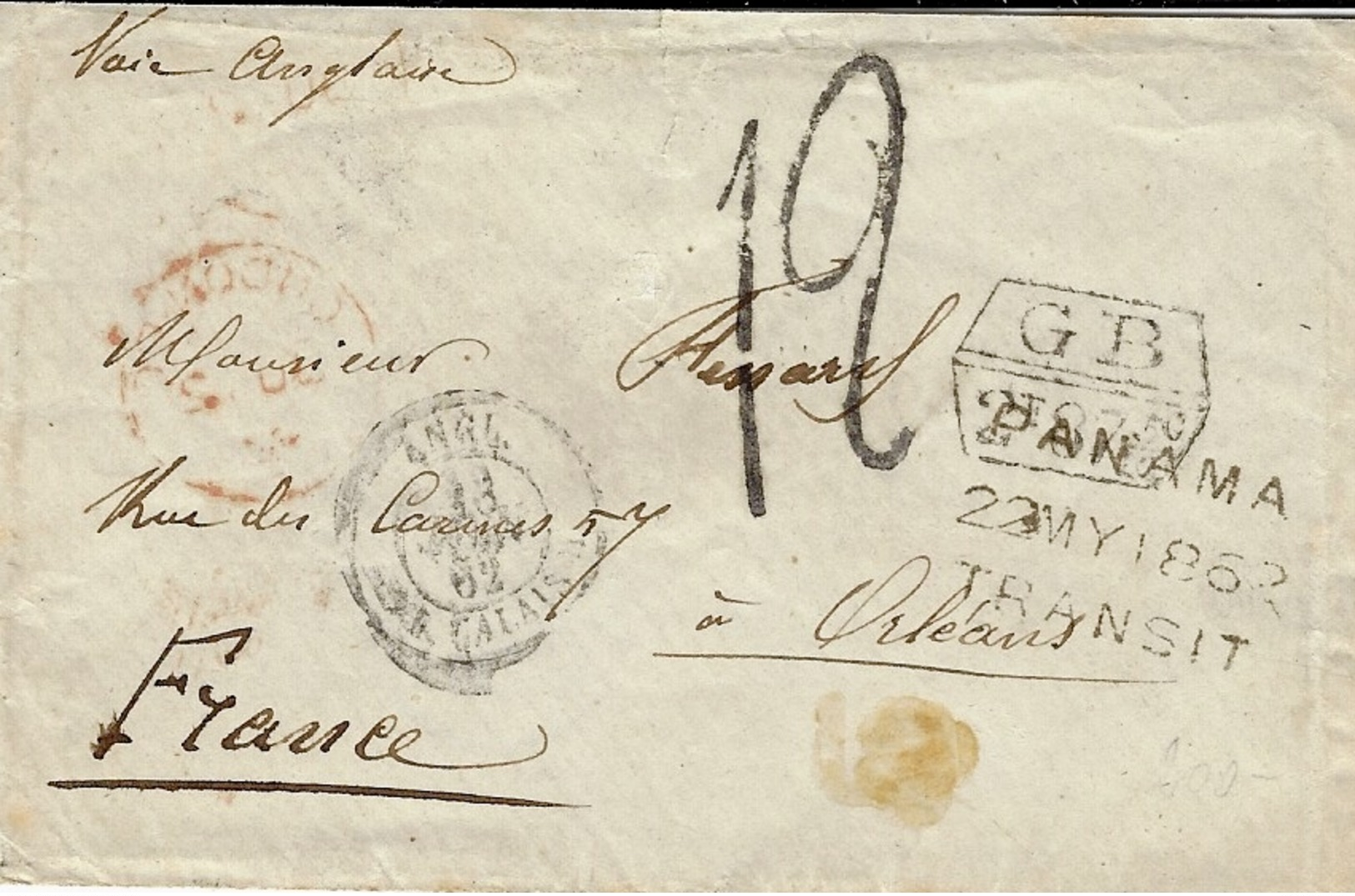 1862- Env. D'Amérique Du Sud Pour Orléans - Marque G B / 1f 87 5/10 Encadré Taxe 12 + PANAMA /22 MY 1862 /TRANSIT - 1849-1876: Periodo Clásico