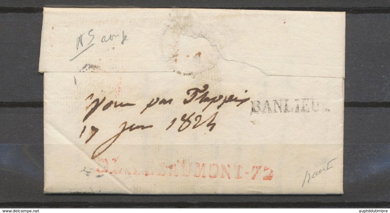 1824 Lettre Marque DEB. BEAUMONT 72, En Rouge, + BANLIEUE SEINE ET OISE X4648 - 1801-1848: Précurseurs XIX