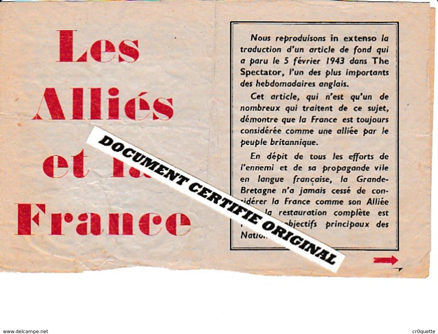 TRACT 39/45 - LES ALLIES ET LA FRANCE - FEVRIER 1943 - Historische Documenten