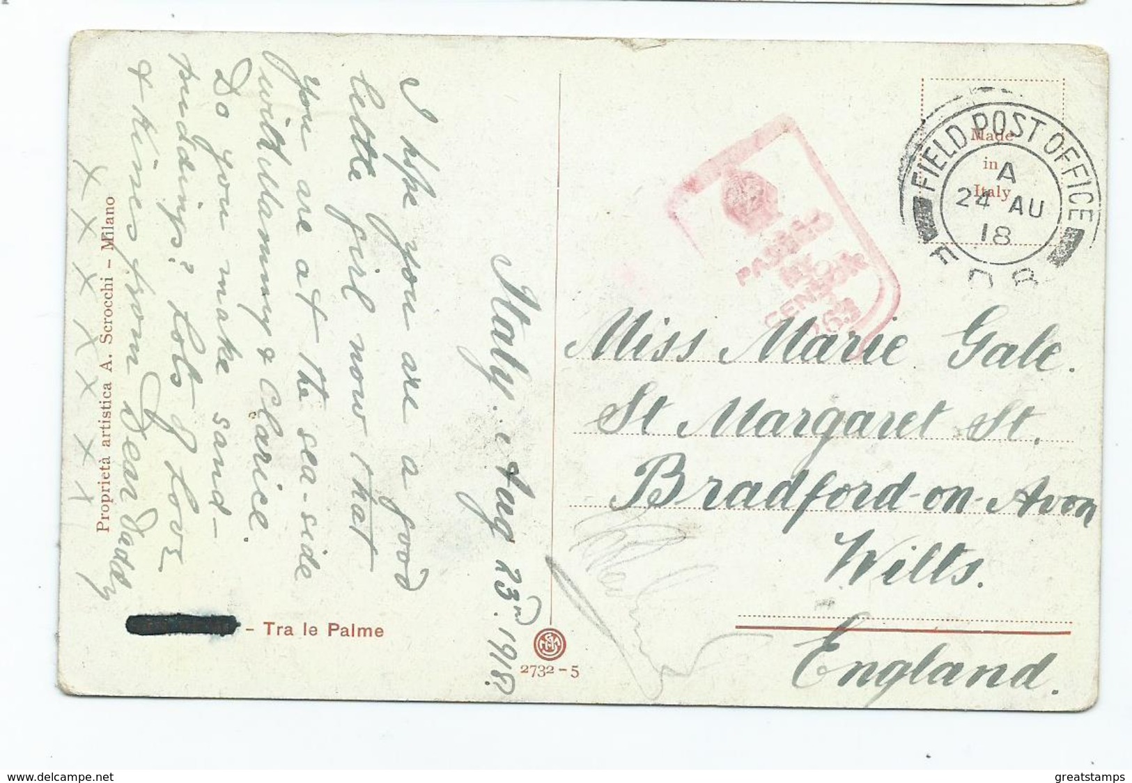 Italy Postcard Sicily Tra Le Palm Sirenetta Sicily Postcard Used Censor  Field Post Office Ww1 - Other & Unclassified