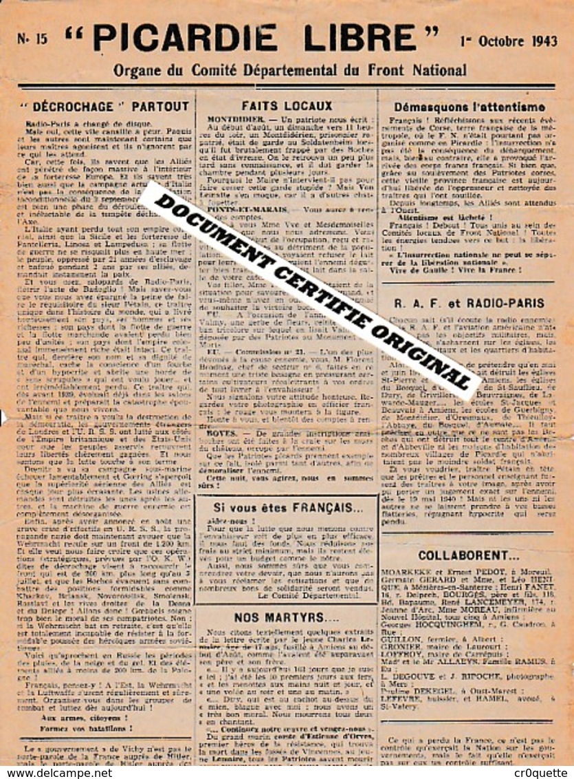 TRACT GUERRE 1939/1945 - PICARDIE LIBRE Du 1er OCTOBRE 1943 - MONTDIDIER - PONTS ET MARAIS - BOVES - Historische Dokumente