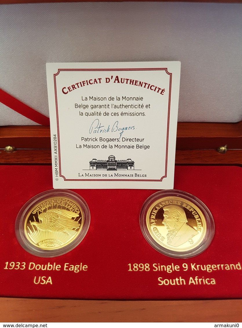 Coffret Pièce En Or Plaqué : 20$ 1933 Double Eagle USA Et Single 9 Kruggerand 1898 South Africa + Certificat - Autres & Non Classés