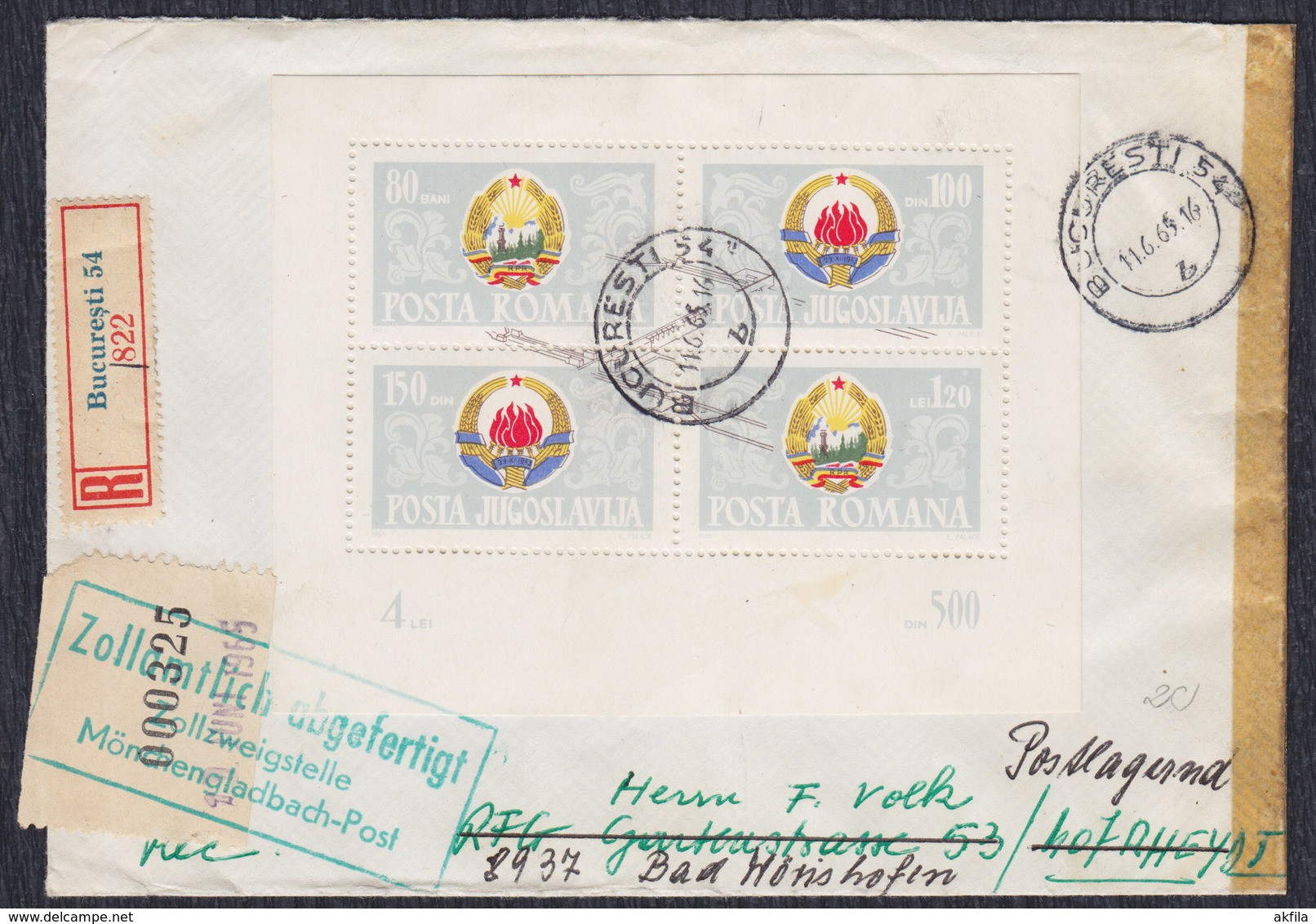 Romania 1965 Registered Letter Franked With Block Of Hydroelectric Power Plant Djerdap, Bucharest - Germany - Lettres & Documents