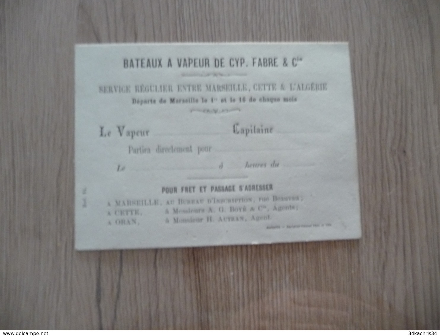 Transport Maritime Pub Carte  Compagnie Bâteau à Vapeur De CYP Fabre 19ème Marseille Sète Cette Algérie - Transport