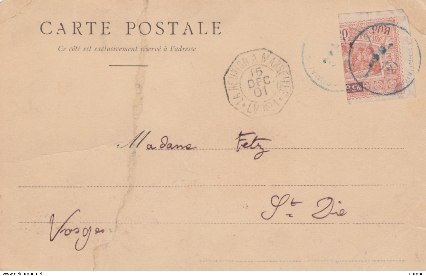 DEMI-TIMBRE OBOCK SUR CP DJIBOUTI POUR LA FRANCE. 15 DEC 01. LA REUNION A MARSEILLE LV N° 1 - Storia Postale