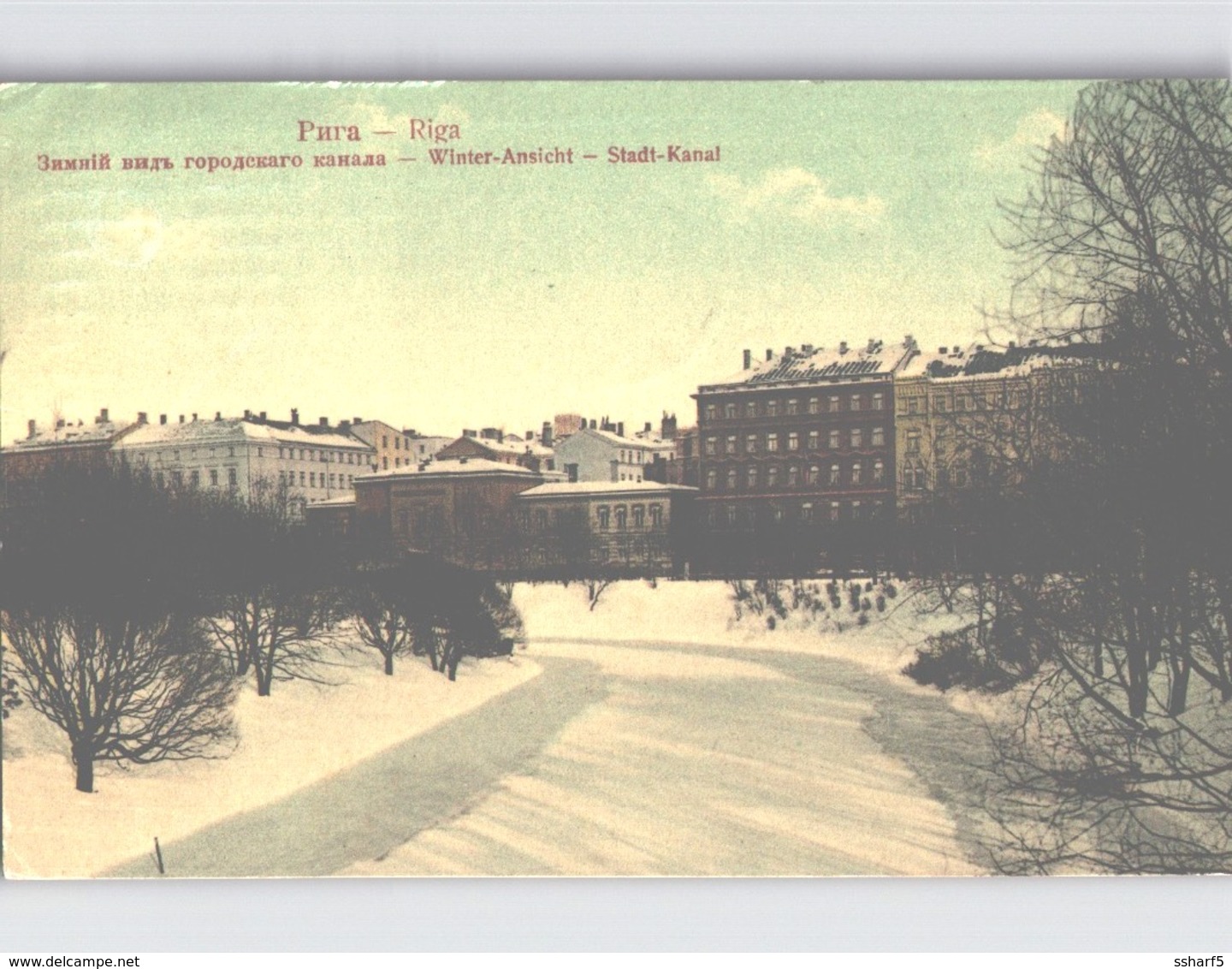 RIGA Farblitho WINTER SCENE Winter-Ansicht Stadt-Canal Sent 1912 - Lettland