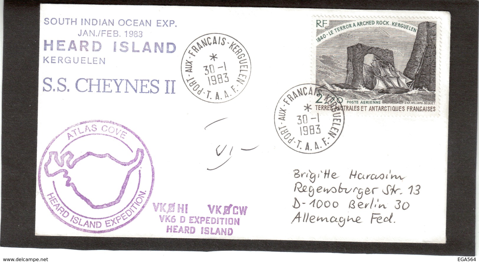 E45 - PA59 - 30.1.1983 KERGUELEN - S.S. CHEYNES II - HEARD ISLAND EXPEDITION - Transit ADELAÏDE 9 MARS 1983. - Lettres & Documents