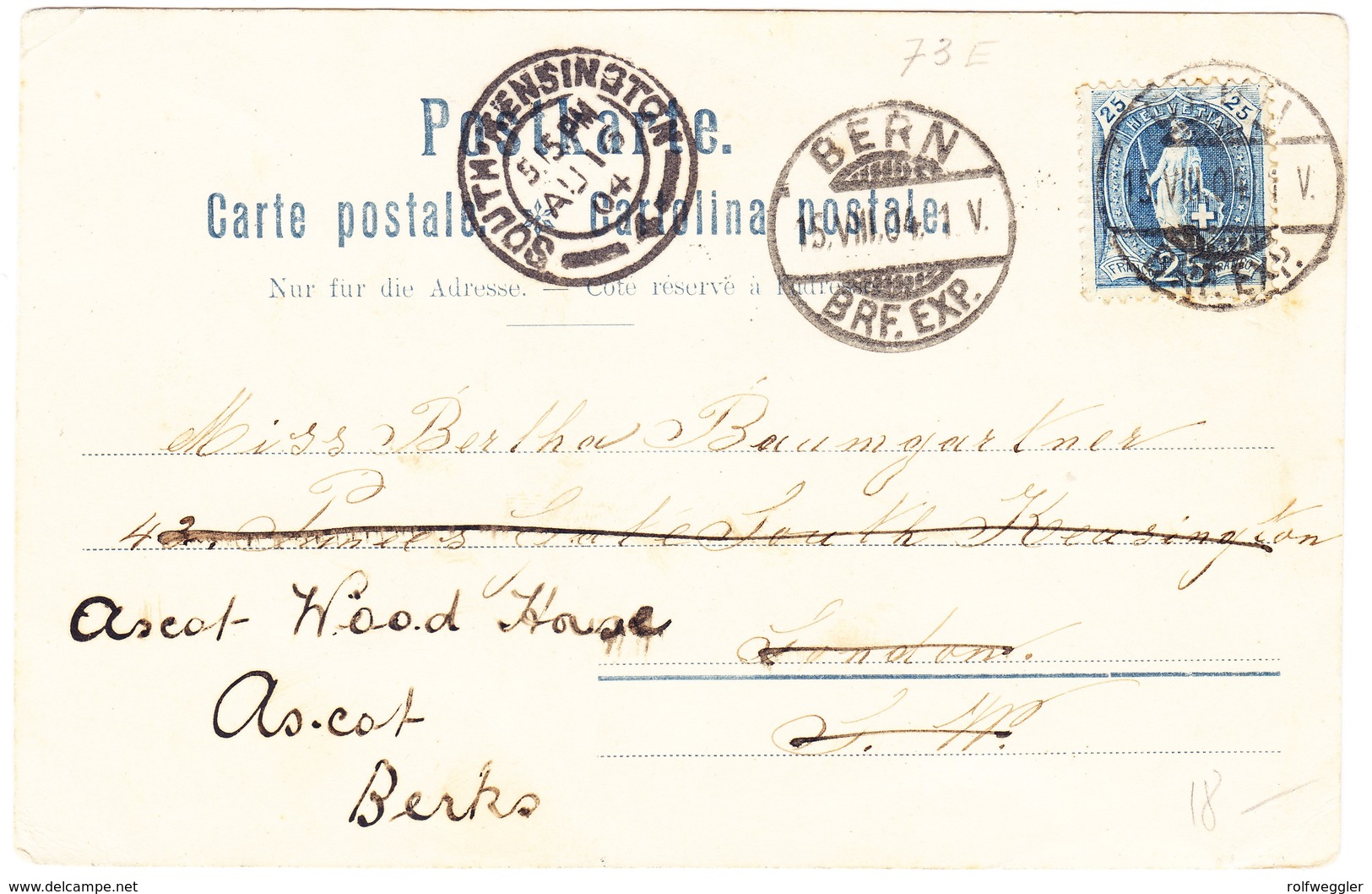 1904 Karte Mit Bärenwärter Aus Bern Nach London Weitergeleitet Nach Ascot, Kleiner Eckbug - Lettres & Documents